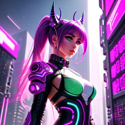 Prompt: hyperdetailed intricate elaborate beautiful cyberpunk edgerunner girl, with smooth neo purple pink hair, two little neon color demon horns,

hyperdetailed clothes,

hyperdetailed neon futuristic city, white buildings, green plants, cosmic mist,

cinematic lighting,  colorful glamorous sunshine, windy, sunny,

album cover art, 128K resolution,