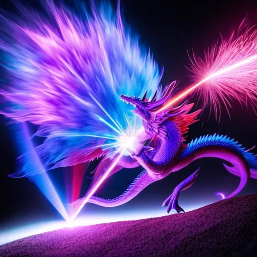 Prompt: purple flame dragon shooting a blue laser beam from its mouth creating a crack in reality