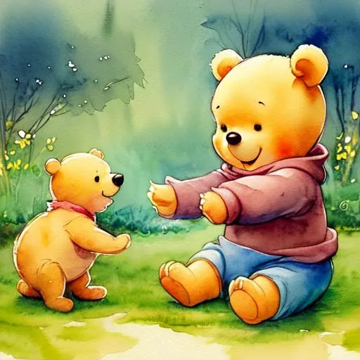 Prompt: Lovely watercolour painting of a cute happy pooh bear playing, Muted colours, Storybook Illustration, Charming
