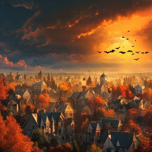Prompt: long shot scenic professional photograph of {a Halloween town during autumn,}, perfect viewpoint, highly detailed, wide-angle lens, hyper realistic, with dramatic sky, polarizing filter, natural dusk sunlight, vivid colors, everything in sharp focus, HDR, UHD, 64K
