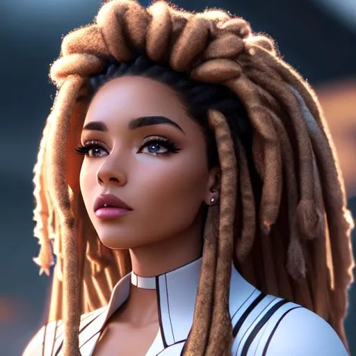 Prompt: (in the style of <joemad>)++ ([<bad_prompt> <bad_artist> <easy_negative> grainy blurry]) (8k resolution, extremely detailed, artistic, hyperrealistic, octane render, cinematic lighting, dramatic lighting, masterpiece) E-woman, fully body, brown and white dreadlocks hair, bangs hairstyle, pale skin, light freckles, dark green eyes, high detail, highly detailed, digital painting, blank background, black fingernails on fingers, dark red lipstick, goth clothing, emo, nose small ring, ears earrings, small pearcing below mouth