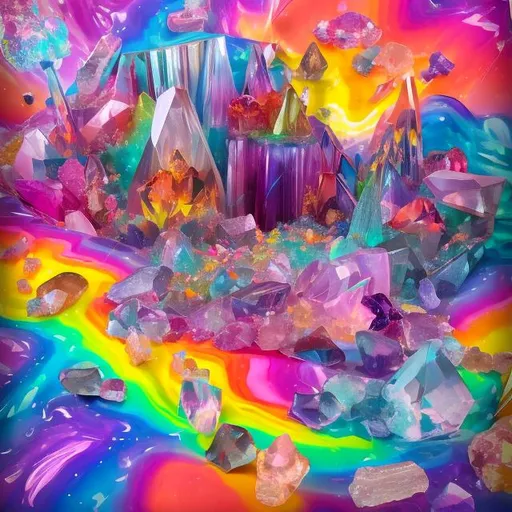 Prompt: Crystal collection diorama in the style of Lisa frank