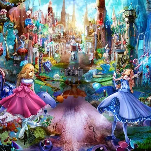 Prompt: Alice in wonderland world today with two characters in love, we are living in it  inside a city but a world inside our minds, composed by  parallel worlds fi=uff of fantastic beings

 




