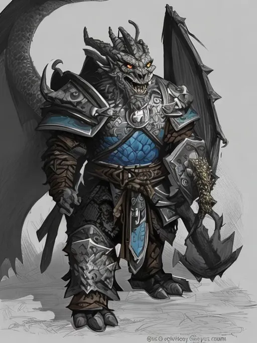 Prompt: Half Dragon Half-Orc Warlock/Paladin armed with a battleax and shield. Has only two eyes and a dragon's head.