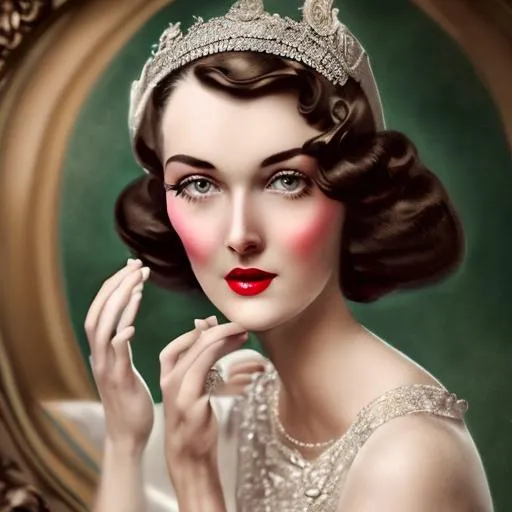 Prompt: Capture the essence of a 1930s female influencer. Think glamour, elegance, and sophistication. Your camera should evoke the era's vintage aesthetic. Set up your shot with careful attention to lighting, composition, and framing. Bring out the subject's style and charisma, and transport the viewer to another time