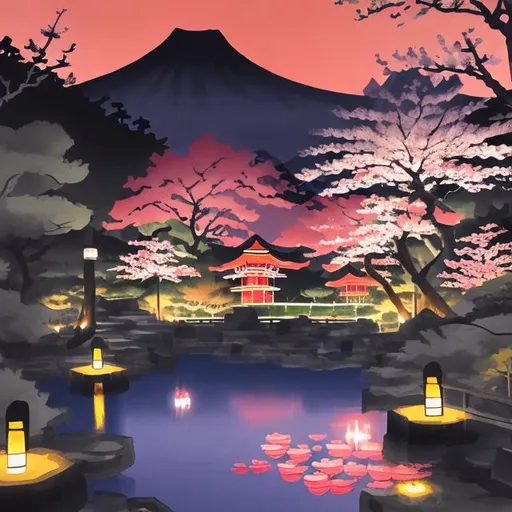 Prompt: gouache painting of a japanese garden with sakura trees and glowing lamps at dusk