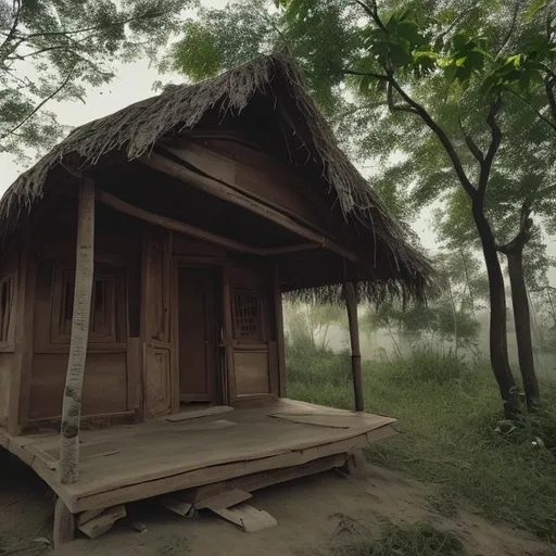 Prompt: A boy is sleeping in his wooden house. house.  He was alone