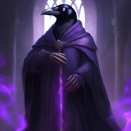 Prompt: anthropomorphic, raven, realistic, human proportions, glowing purple eyes, dark room, cool colors, dark magic, long robe, magic staff, medieval, high definition, professional