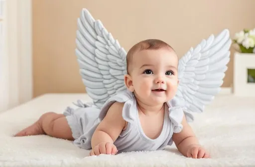 Prompt: cute male angel baby with grey wings