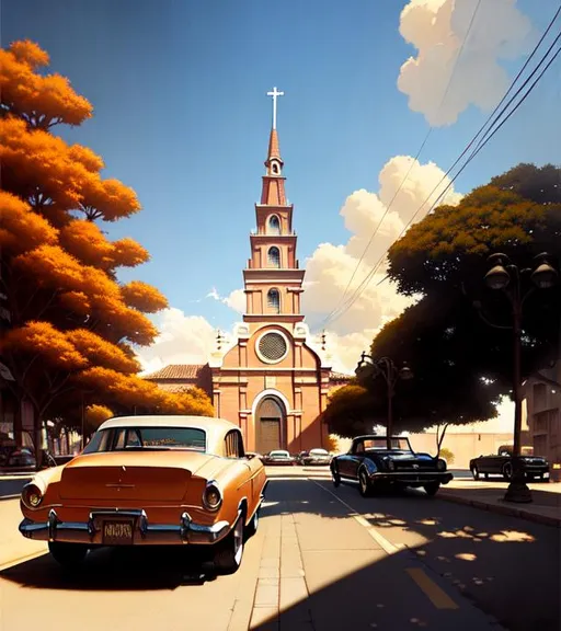 Prompt: Street scene, cars, latin american architecture, church in the back, anime style, high resolution, sepia colors, extremely detailed painting by Greg Rutkowski