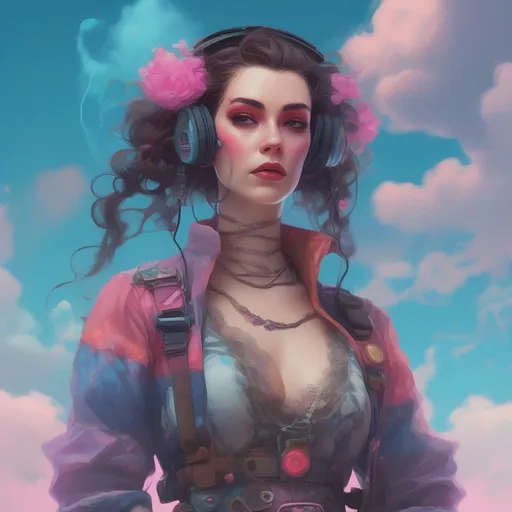 Prompt: A colourful and beautiful head to toe Persephone as a cyberpunk woman with brunette hair wearing vintage lacy clothes, with clouds for hair in a painted style