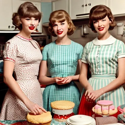 Prompt: Taylor Swift as a 1960s era housewifes and a young Kate Winslet as 1960s era neighborhood friend in the kitchen baking cakes. 