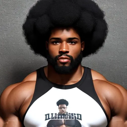 Prompt: A cinematic, photo-realistically accurate, authentic, full body including fully displayed to the camera  legs and feet, portrait of a black hugely muscled bodybuilder type muscular swimmer, he sports an audacious "afro" hair style, his face is completely accurately detailed and male model perfect, he has a short cropped tailored black beard, he looks like he is posing for a magazine spread, he is wearing teal green speedo swim briefs and standing on a white sand beach at noon with a bamboo forest in the distance behind him, he is smiling to the camera, the camera loves his face, the image is like a real photograph using a Nikon D 5600