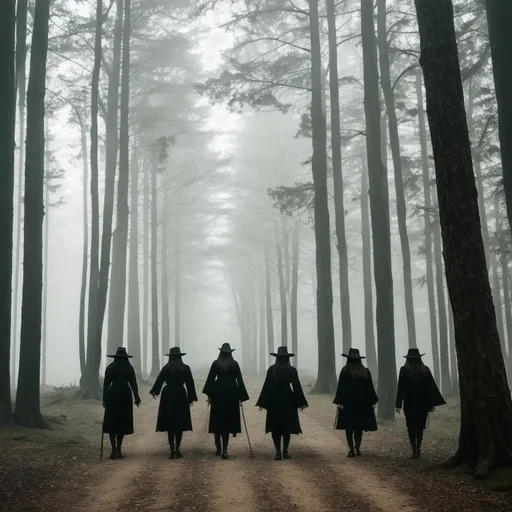 Prompt: photo of coven of witches in a foggy forest