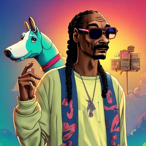 Prompt: snoop dogg as Bojack Horseman character, UHD, 64k, upper body, smoking joint, HDR, simple background, HD rendering