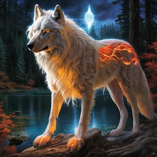 Prompt: Insanely beautiful (canine quadruped) that is glowing, thick brilliant white mane, on two legs, translucent, luminescent, illusion, glistening fiery mane, glows like the sun, flaming red eyes, majestic wolf face, energetic fox, in a magical forest near a lake, moonrise, beneath the stars, crystal lake, corona, glowing outline, waterfall, bioluminescent, highres, best quality, concept art, epic digital art, intricately detailed, cinematic, 8k eyes, highly detailed eyes, highly detailed, 64k, vibrant, UHD, professional, intricately detailed background