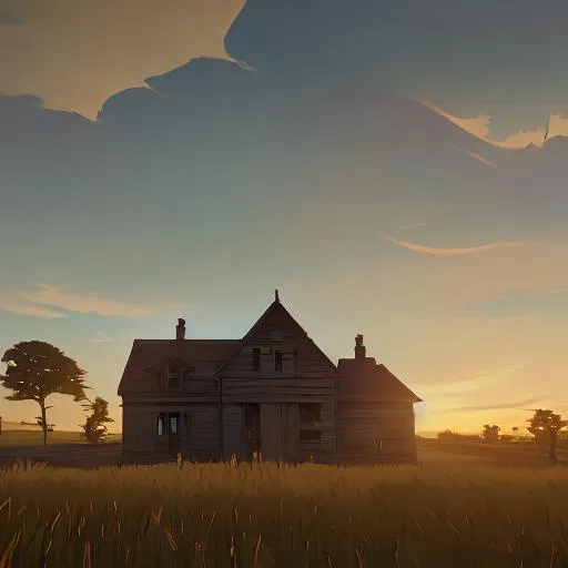Prompt: An abandoned farmhouse sitting in the middle of a wheat field at sunset