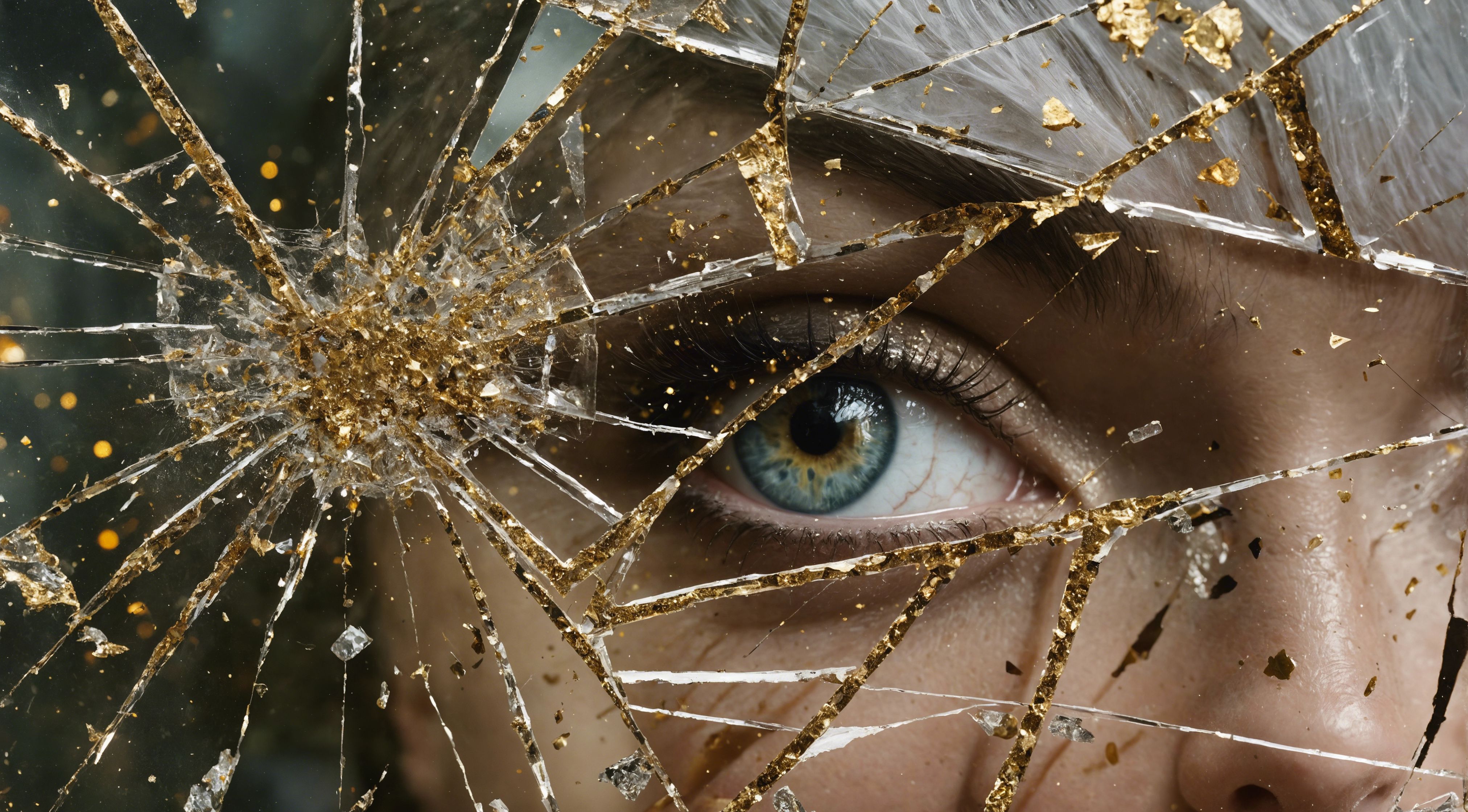 Prompt: a woman's eye is seen through a broken glass window with gold glitters on it and a crack in the glass, Dirk Crabeth, auto-destructive art, fashion photography, a photorealistic painting