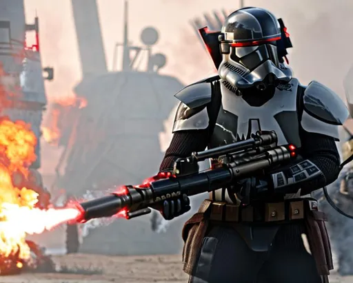 Prompt: star wars black and red clone trooper standing holding flamethrower