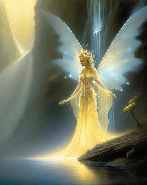 Prompt: A luminous fairy queen with ((opalescent wings)) and trailing gown steps through a ((magical portal)) into a mystical realm. Golden rays of light illuminate her ethereal form set against a backdrop of misty mountains and waterfalls. In the style of Jean-Baptiste Monge.  