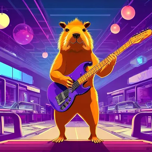 Prompt: Bodybuilding Capybara playing guitar for tips in a busy alien mall, widescreen, infinity vanishing point, galaxy background