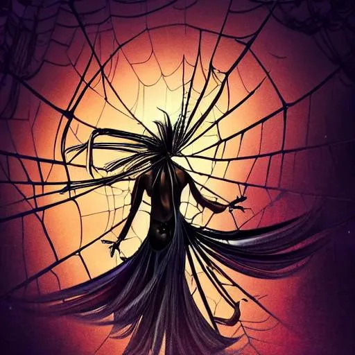 Prompt: Bird of paradise caught in spider web, Spider Arachne woman warrior, 6 legs foreground, side view, Anime, dark, cave, soft light, moody
