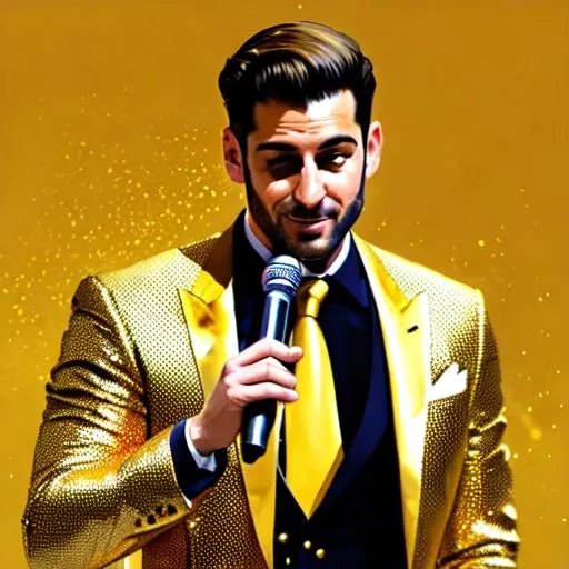 Prompt: Man on a stage wearing a gold suit in front of a huge cheering crowd with a microphone bowing happily 