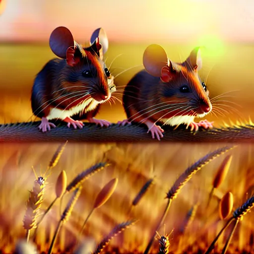 Prompt: detailed photograph of cute field mouse on a wheat sheaf in a field with a sunset
