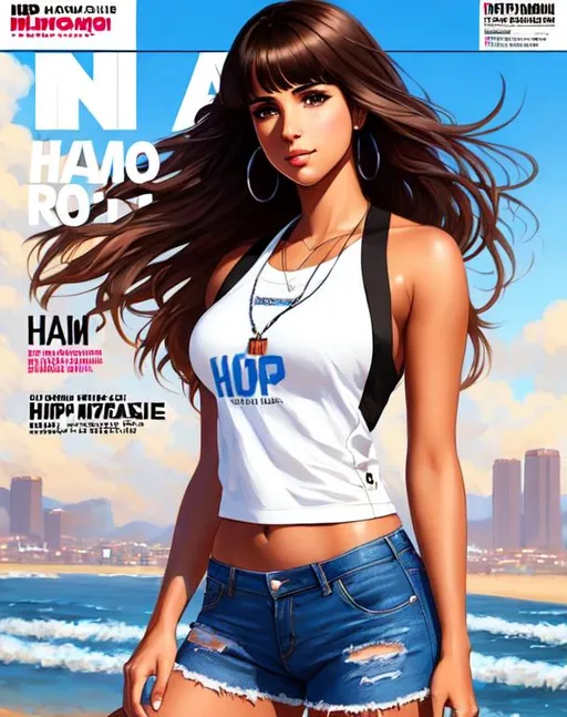 Prompt: hip hop magazine cover - full body
Naomi Scott, 26 years old, brown hair, happy, parted bangs, brown eyes, ethereal, hip hop clothing, wild hair, royal vibe, highly detailed, digital painting, Trending on artstation , HD quality, tan skin, Big Eyes,artgerm, by Ilya Kuvshinov