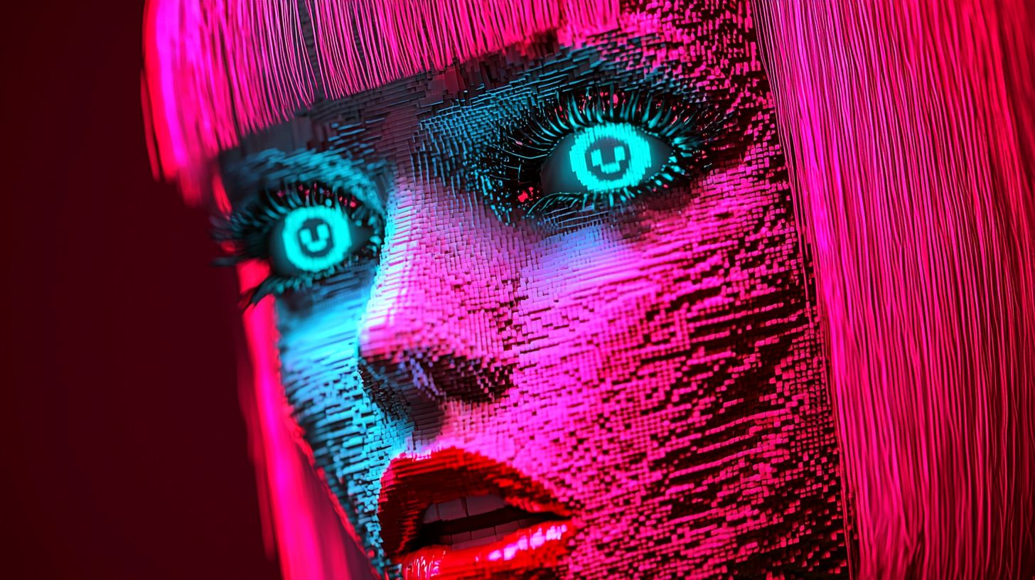 Prompt: A stylized voxel art head with a vibrant pink wig and striking blue hair, blending retrowave and security camera aesthetics. The image should feature hyper-detailed, chromepunk elements with sharp lines and reflective metallic accents, capturing a bold fusion of Indian pop culture influences. The rendering should showcase intricate textures and lighting, as if created in Cinema4D, with a retro-futuristic feel and high definition. The composition should be immersive and detailed, highlighting both the vivid colors and 3D voxel structure, creating a unique cyberpunk-meets-pop-culture look --sref https://s.mj.run/Zpf9aPdidF0