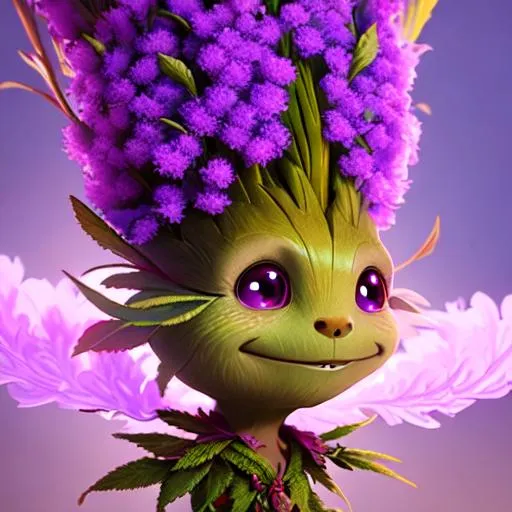Prompt: Cute Ethereal Anthropomorphic Cannabis leaf Groot character with a quirky smile and large purple soulful eyes. Wisps of smoke a cannabis leaves. Oval border, octane render, UHD, symmetrical 