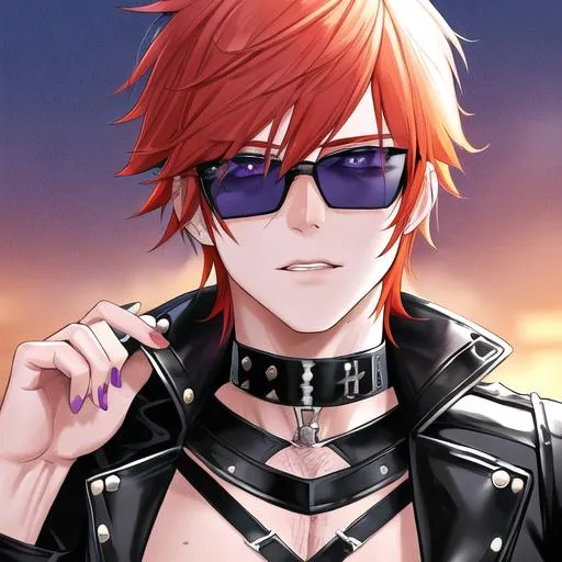 Prompt: Erikku 1male (short ginger hair, freckles, sharp and sassy purple and blue eyes), highly detailed face, 8K, Insane detail, best quality, UHD, handsome, flirty, Highly detailed, insane detail, high quality. Hollywood, famous, leather jacket, tight ripped black jeans, black jewelry, black choker, actor, black sunglasses