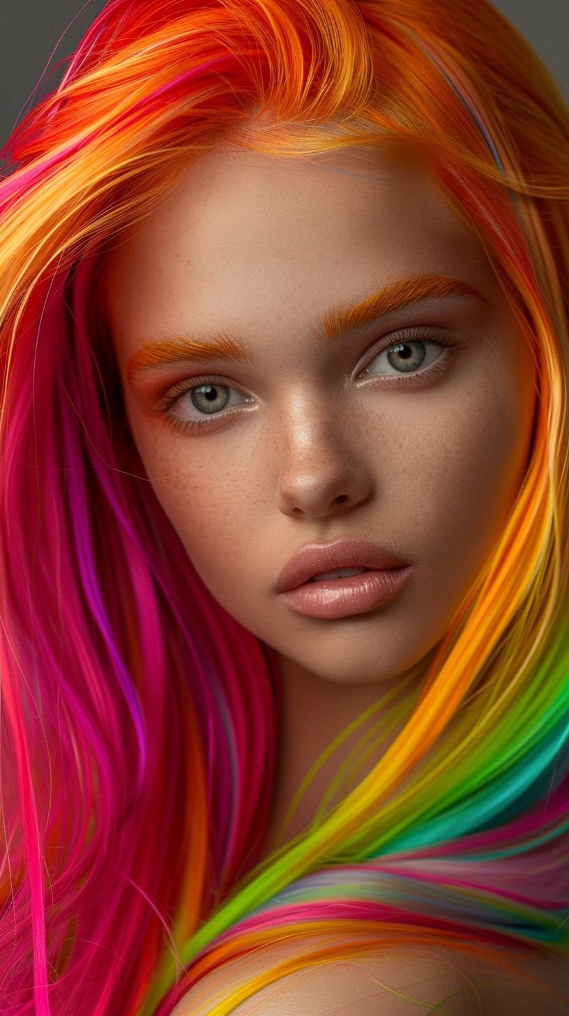 Prompt: girl with large multicolor hair flowing encapsulating her