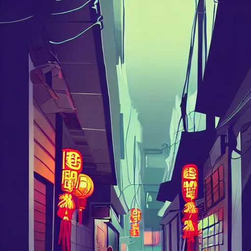 Prompt: asian city incredibly narrow dark back alley at night, neon signs, mist,  heavy rain, vector art, blue, purple, dark, moody, chillhop cover art, chinese lanterns, light garland