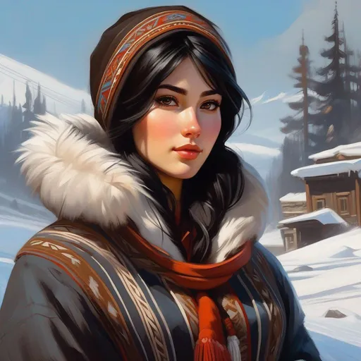 Prompt: Third person, gameplay, Yakut girl, pale skin, black hair, brown eyes, Siberia, snow, cold atmosphere, cartoony style, extremely detailed painting by Greg Rutkowski and by Henry Justice Ford and by Steve Henderson 