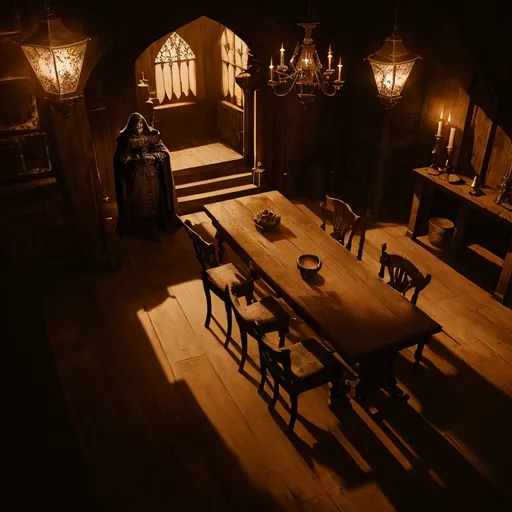 Prompt: Top view of medieval inn interior, warhammer dark fantasy style, atmospheric lighting, detailed wooden furniture, mysterious shadows, candlelit ambiance, high contrast, highres, detailed, dark fantasy, medieval, candlelit, atmospheric lighting, detailed wooden furniture, mysterious shadows