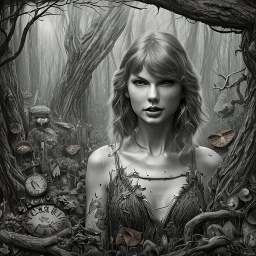 Prompt: generate me a Taylor Swift album cover concept with no words whatsoever on it called "Woodvale" which features a rustic, forest-like, fairycore aesthetic true to her later eras such as Evermore and Folklore. it must be highly realistic detailed, 4k HD with sunlight shining over taylor, a detailed body with no words. it can be black and white.