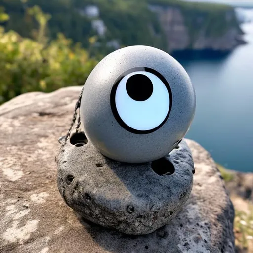 Prompt: "A medium-sized, grey rock with two plastic googly eyes attached to it, overlooking a cliff”