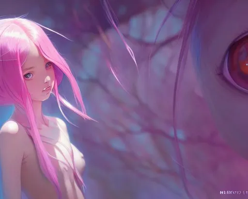 Prompt: Wide shot of an alien girl, pink skin, smooth soft skin, big dreamy eyes, beautiful intricate colored hair, anime wide eyes, antennas, soft lighting, detailed face, action pose, by makoto shinkai, stanley artgerm lau, wlop, rossdraws, concept art, digital painting, looking into camera