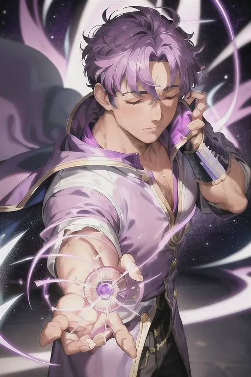 Prompt: (masterpiece, illustration, best quality:1.2), Luke Perry summoning a purple electricity, male, solo, closed eyes, tan skin, stray hairs, calm demeanor, closed eyes, vibrant purple short hair, bright purple hair, purple hair, white hair tips, wearing  detailed purple mage armor, finely detailed,  detailed face, toned face, eyes closed, cape, detailed jewelry, wearing  detailed purple mage armor, detailed shading,  detailed college background, fantasy background, sharp focus, absurdres, highres, cinematic lighting, street photography, macro detailed shading, smooth soft detailed skin, {{hyper detailed}}, photo realistic, {{{masterpiece}}}, glowing light, detailed background, hair between eyes, dynamic angle, library, 4K, HDR, perfect eyes