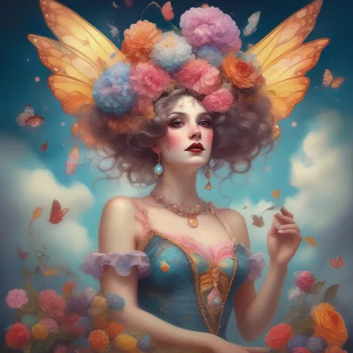 Prompt: A colourful and beautiful Persephone as a elegant acrobat with clouds for hair, with iridencent fairy wings, wearing a ballgown made of flowers in the crazy circus, surrounded by circus decor and gems in a painted style