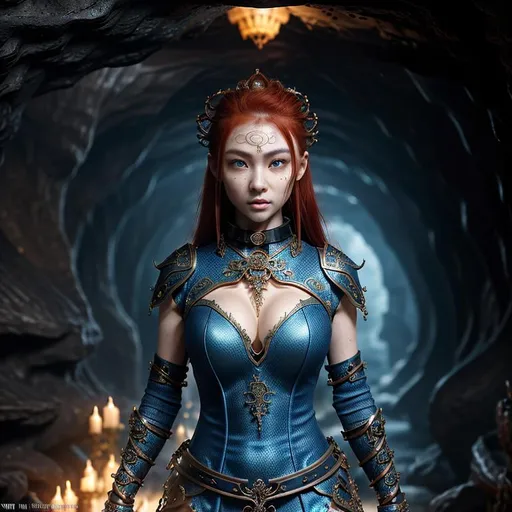 Prompt: Create Splashart, a fantasy style ultra Intricate, ultra realistic, dark detailed fantasy style ancient cavernous cave treasure room, focused on an full body, hyper cute baby face, perfect young slender female, red hair woman, intricately detailed piercing blue eyes, alluring gaze, healthy Asian features and skin, proportionate cleavage, wearing a thick iron slave collar, wearing multi color silk Sorceress robe, casting magic fire to see,

Professional Photo Realistic Image, RAW, artstation, splash style dark fractal paint, contour, hyper detailed, intricately detailed, unreal engine, fantastical, intricate detail, steam screen, complementary colors, fantasy concept art, 8k resolution, deviantart masterpiece, splash arts, ultra details Ultra realistic, hi res, UHD, 64k, 2D art rendering, depth of field 4.0, APSC, ISO 900,