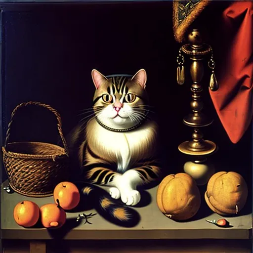 Prompt: still life with a cat, 16th century, oil on canvas