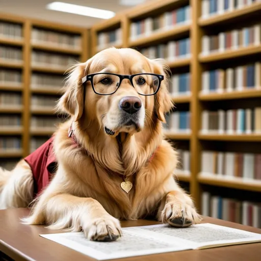 Prompt: A golden retriever wearing reading glasses working in a library as a genealogist looking at a family tree chart.
