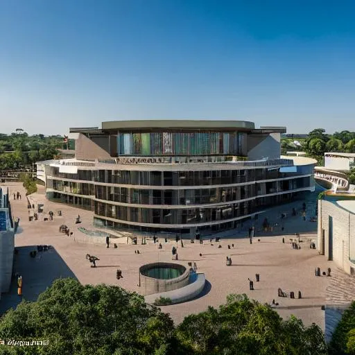 Prompt: Modern beaux art large university inspired Congolese architecture with precolonial congolese art inspiration and Congolese minerals, volumetric natural light, ultra realistic, vray,  hd