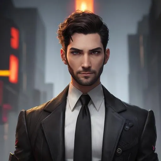 Prompt: Tom Ellis as male shadowrun elf, dark hair, light brown eyes, small ears, wearing black tie suit, standing in a cyberpunkt city street, rainy mist, fantasy cyberpunk, flaming aura, dark energy, evil smile, symmetrical, perfect composition, hyperrealistic, super detailed, 8k, high quality, Splash art, front, epic Instagram, artstation, hyperdetailed intricately detailed, unreal engine, intricate detail, splash screen, complementary colors, concept art, 8k, heavy strokes, splash arts, full height, full body focus