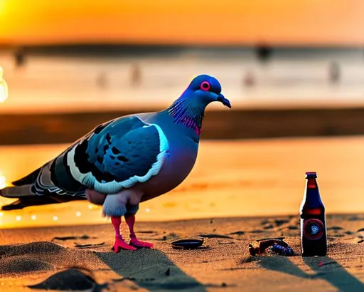 Pigeon drinking beer on a beach during sunset