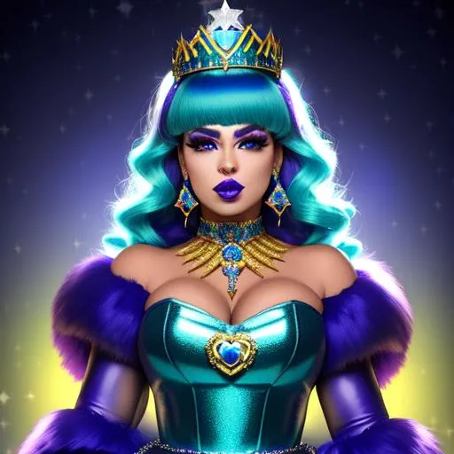 Prompt: Tanya Rivera with ultradetailed large shiny blue lips, Blinding Heart Earrings, Blue Xtra Large Metal Ball Gown, Rainbow Sugar Gloves with Purple Fur, Glowing Blue eyes, Artisans Cut Gleaming Ice Cream Tiara. Pristine Green hair, confident facial expression, Full eyebrows with blue tint, Crocodile necklace, Wintry Aura, Black Armor Plated Shoulders, Cake Covered gold wand, Sharp Nails, Auroras in eye of hurricane. Blue Moon. High resolution, Realistic, Cold color scheme, high radiance.