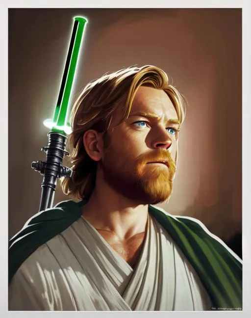 Prompt: Obi-wan Kenobi ((Ewan Mcgregor) as Jesus with a green lightsaber in the style of the Head of Christ painting by Warner Sallman
