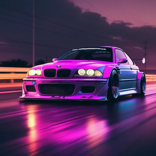 Prompt: 2001 BMW M3 E46 GTR, synthwave, aesthetic cyberpunk, miami, highway, dusk, neon lights, coastal highway, dusk, neon lights, coastal highway, sunset, drift, nurburgring, water on the road, blade runner